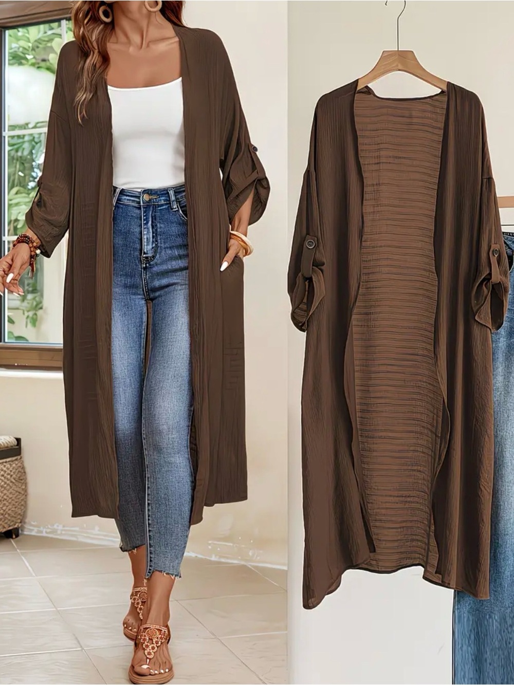 Source Unknown Brown Long Open-Front Lightweight Duster